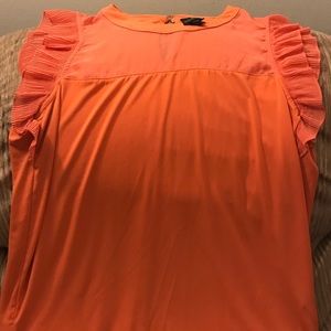 Orange Top with ruffle sleeves and sheer top